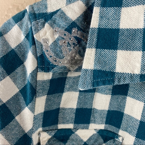 Bit and Bridle Green White Plaid Check Flannel Western Shirt Embellished Medium - Picture 5 of 11
